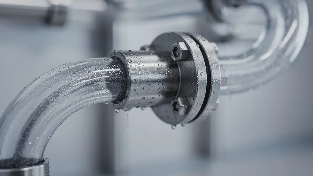 Vue macro de tuyauteries industrielles formant une boucle fermée pour la récupération des eaux de process