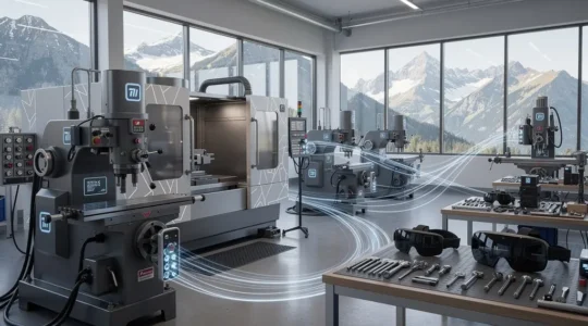 Vue futuriste d'une usine intelligente suisse mêlant équipements traditionnels et technologies connectées
