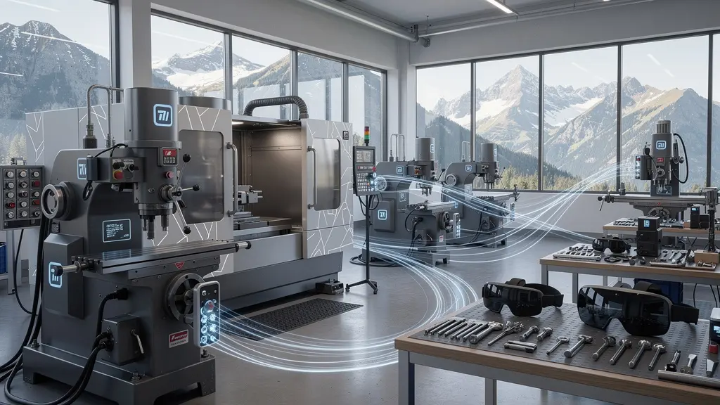 Vue futuriste d'une usine intelligente suisse mêlant équipements traditionnels et technologies connectées