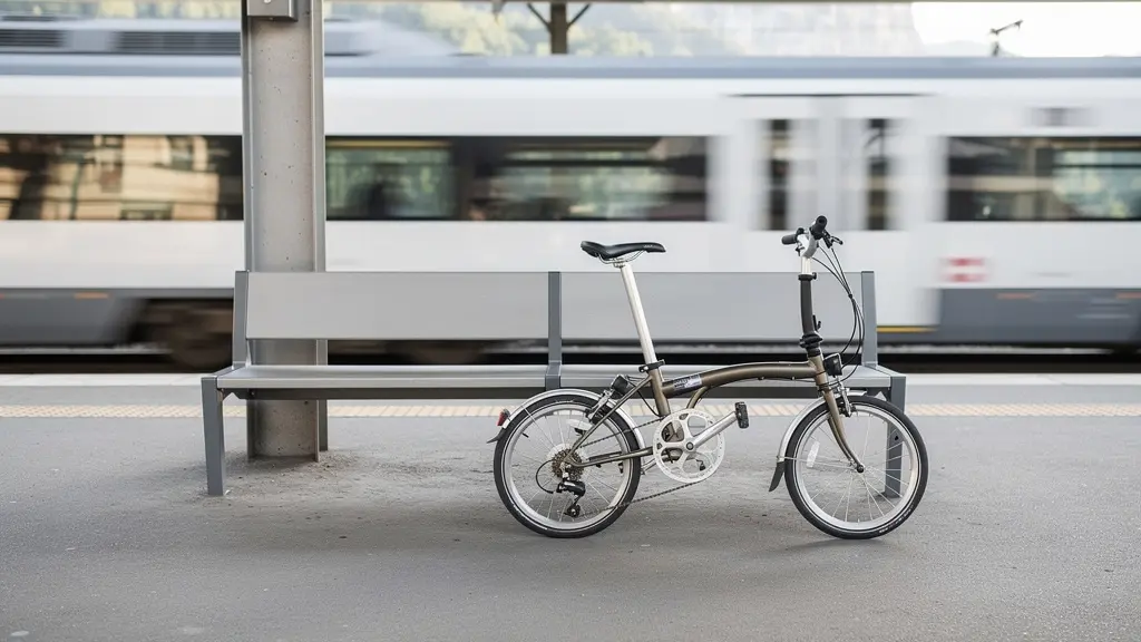 Vélo pliant posé contre un banc de quai de gare avec train flou en arrière-plan