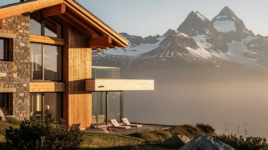 Villa de luxe contemporaine intégrée dans le paysage alpin suisse avec matériaux biosourcés