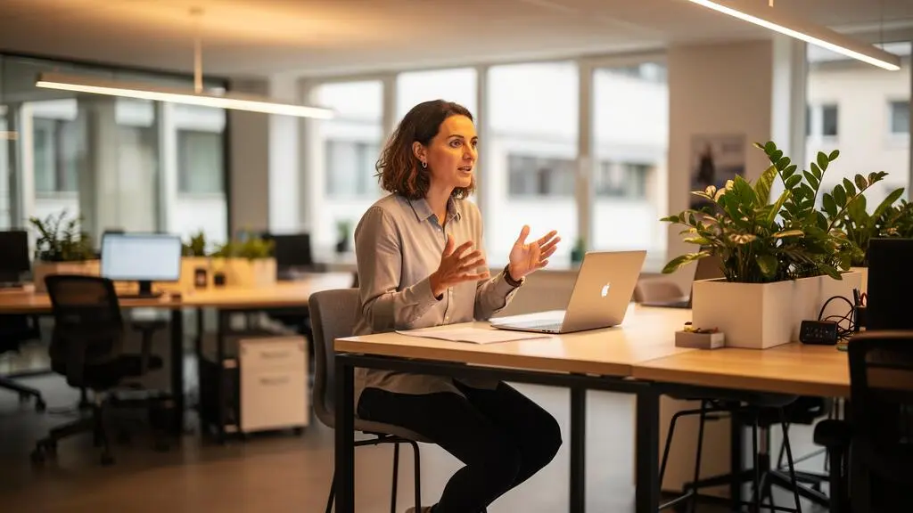 Professionnel en visioconférence dans un espace de coworking en Suisse, expliquant activement un projet à une équipe distante